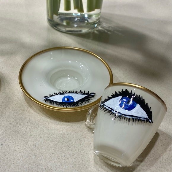 2 Evil Eye hand blown and hand painted espresso cups and saucers - Picture 2 of 5